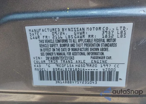 2025 Nissan Sentra S z USA, uszkodzony, nr VIN 3N1AB8BV7SY231043